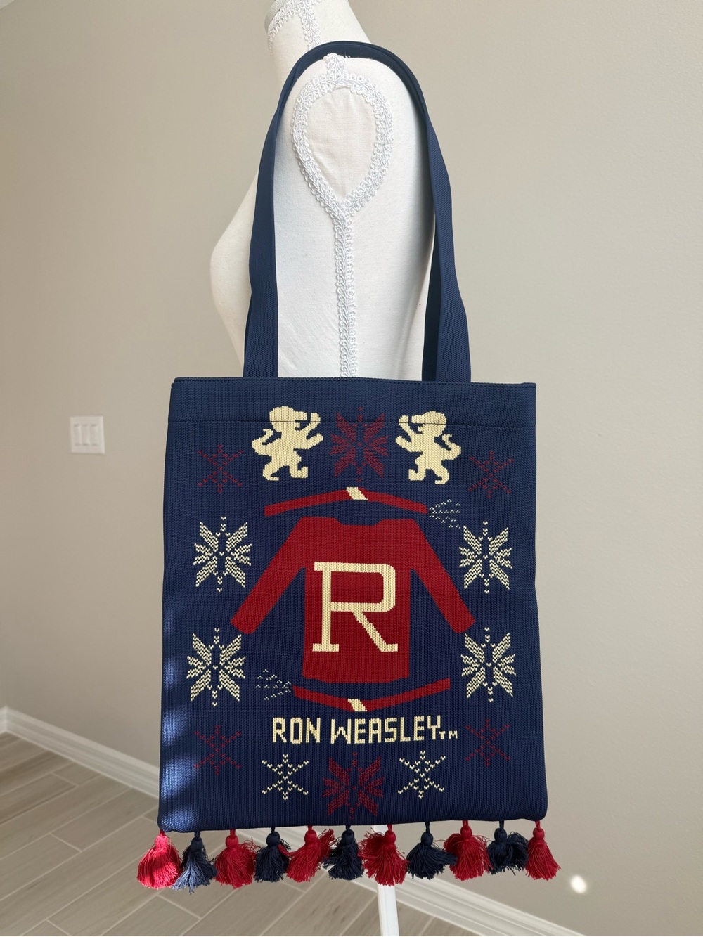 Harry Potter Ron Weasley Sweater Knit Tote Bag Tassel Blue New 13.5x15.5
